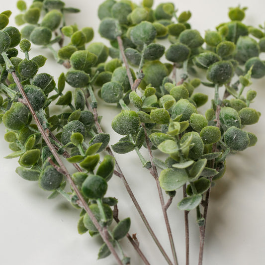 Several Printable Heaven Faux Eucalyptus Sprigs with 16-inch stems and small, rounded green leaves.