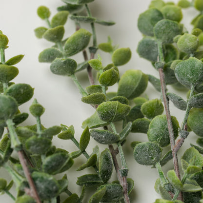 Printable Heaven Faux Eucalyptus Sprigs measuring 16 inches, featuring several stems of artificial eucalyptus with small, rounded, frosted green leaves.