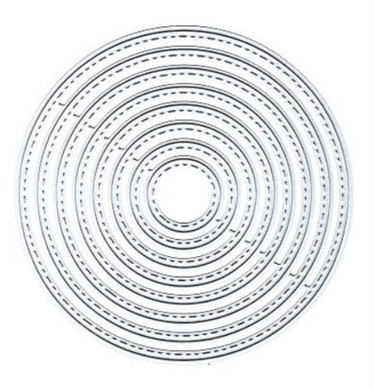 The Printable Heaven 8-Piece Stitched Edge Circle Cutting Die Set (D139) features eight nested, concentric metal dies with a stitched edge design. Each die creates a perfectly shaped ring in progressively larger sizes, making them ideal for card making and crafting projects that require precise circular shapes.
