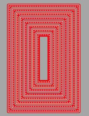A series of nested red rectangles with stitched-edge detail and white dashed lines on a gray background, forming a tunnel-like optical illusion effect reminiscent of the Stitched Edge Nesting Rectangle Cutting Dies (8 PCS) (SP097) by Printable Heaven, with a vertical rectangular gap at the center.