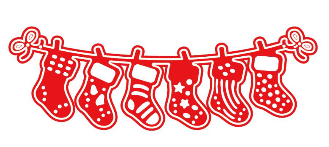 Add a festive touch to your projects with this red and white illustration featuring six Christmas stockings in assorted patterns, all hanging from a ribbon tied at both ends—perfect inspiration for your next Printable Heaven Christmas Stocking Garland Cutting Die (1 PC) (SP050) creation or as a charming detail in your holiday décor.