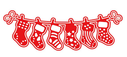 Add a festive touch to your projects with this red and white illustration featuring six Christmas stockings in assorted patterns, all hanging from a ribbon tied at both ends—perfect inspiration for your next Printable Heaven Christmas Stocking Garland Cutting Die (1 PC) (SP050) creation or as a charming detail in your holiday décor.