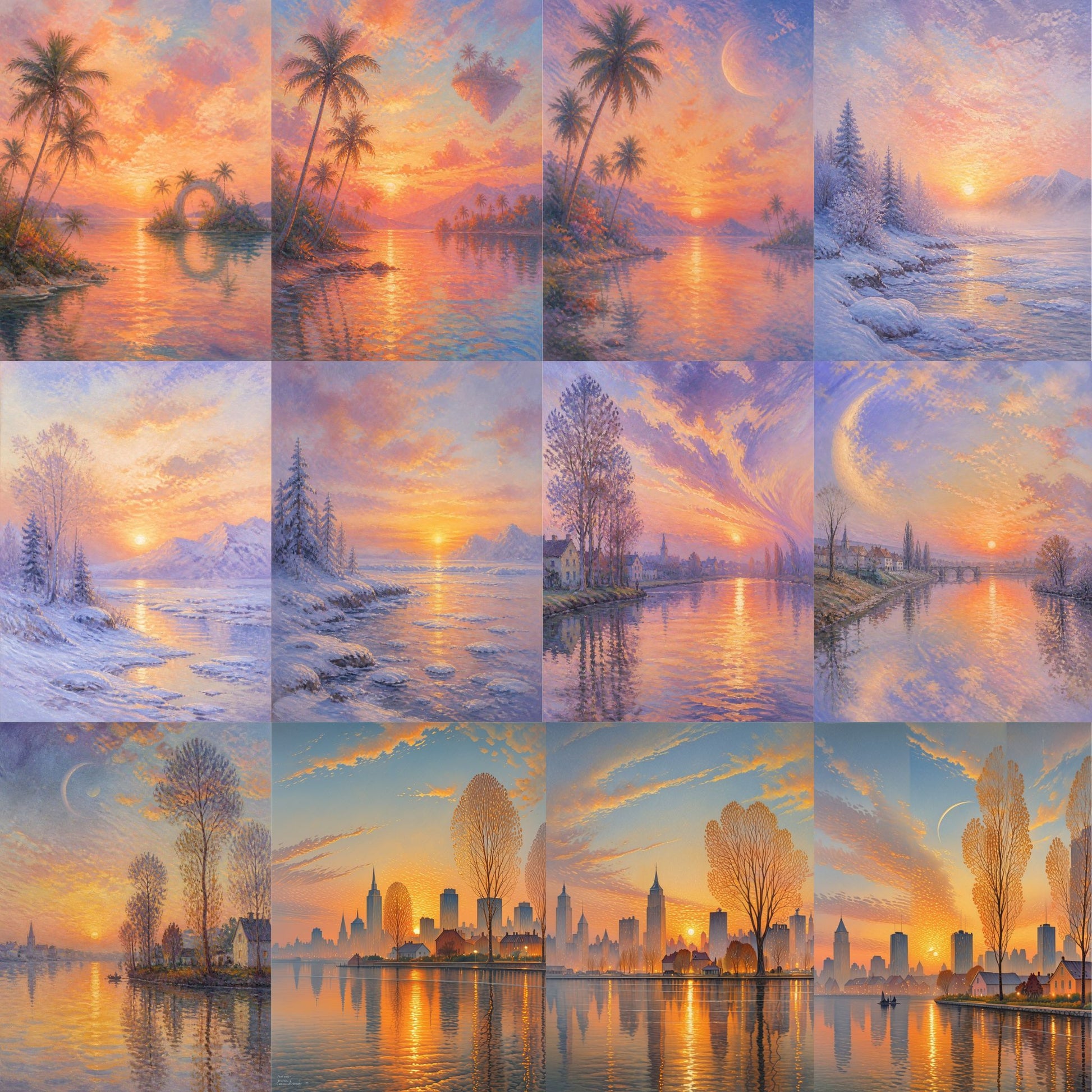 A grid of twelve surrealist sunset scenes from Printable Heaven’s “Download - Surrealist Sunsets (12 Designs)” features palm trees, snowy landscapes, city skylines, and serene waters under dreamy pastel skies—perfect as sunset-themed backgrounds or printable papercraft backdrops.