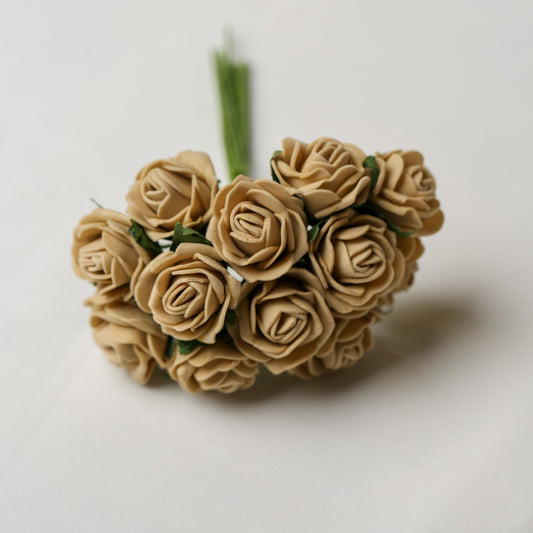 A small bunch of Printable Heaven Small Foam Rose Bunch in Beige (1″ Wide) featuring beige foam roses with green wire stems.