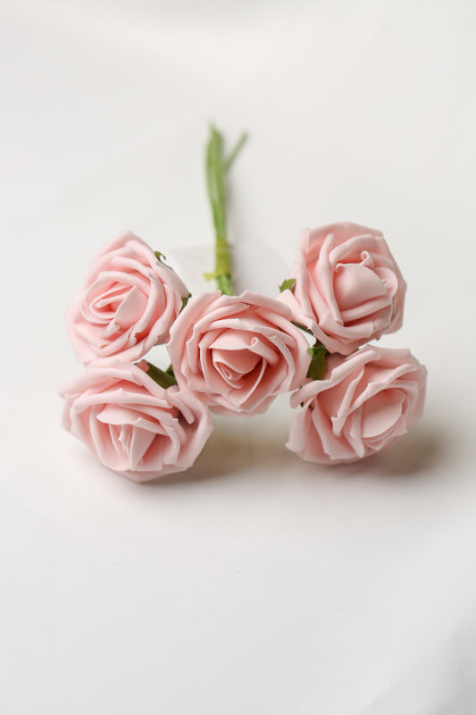 A bunch of five Printable Heaven Large Foam Rose Bunch in Vintage Pink artificial roses on green stems.