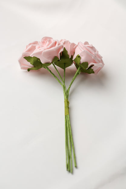 Three light pink Printable Heaven Large Foam Rose Bunch in Vintage Pink roses on thin green stems bound together.