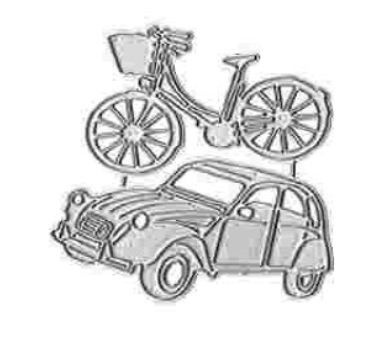 A minimalist line illustration of a bicycle with a basket placed above a classic car in side profile, inspired by the Printable Heaven Vintage Car & Bicycle Cutting Die (2 PCS) (D103), perfect for retro craft projects.