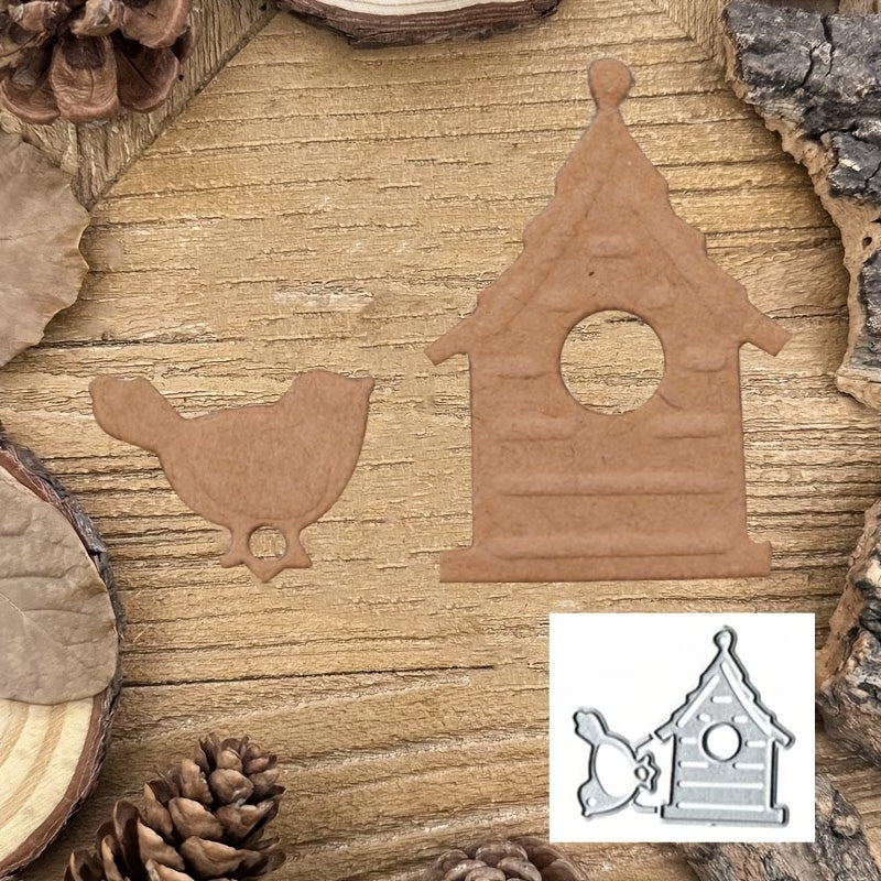 Brown paper cutouts of a bird and a birdhouse rest on a wooden surface, surrounded by pinecones, bark, and wood slices—perfect accents for scrapbooking or card making. A small inset features the Printable Heaven Birdhouse and Little Bird cutting Die (2 pcs) (A017), displaying the coordinating metal dies in matching shapes.