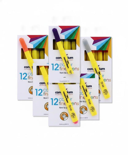 Six packs of Fast Bundle Coloured Pens Bundle-6pcs, each containing 12 fine tip pens ideal for journaling, are displayed with yellow pens on top. The vibrant packaging features geometric designs.