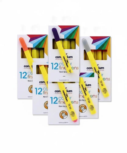 Six packs of Printable Heaven Coloured Pens Bundle (6pcs) are displayed, each with a clear window revealing the vibrant pens inside. One yellow pen is placed on top of each pack, showcasing these colorful pens—ideal for all your writing and drawing needs.