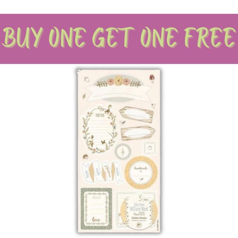 A 2 FOR 1 OFFER - Sticker Sheet from Fast Bundle—ideal for crafting or adding a vintage floral touch to your scrapbooks—appears beneath a purple banner with yellow text stating, “BUY ONE GET ONE FREE.” This sheet features designs from the Tales from Willson Wood (PMA DCM 078) collection.