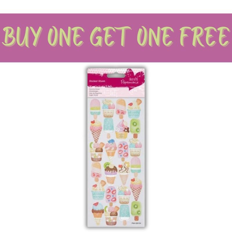 A sheet of Fast Bundle’s 2 FOR 1 OFFER - Foil Stickers - Ice Creams (PMA 806104) featuring colorful ice cream and dessert-themed designs is showcased beneath a bold yellow "BUY ONE GET ONE FREE" banner on a purple backdrop—perfect for brightening up your summer craft projects.