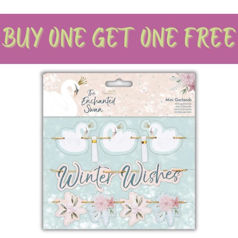 A 2 FOR 1 OFFER banner featuring a pack of Fast Bundle Papermania Mini Garlands (3 x 35cm) from The Enchanted Swan collection (PMA 105103), displaying elegant swans, “Winter Wishes” text, and floral accents—ideal for adding a handmade touch to your Christmas decor.