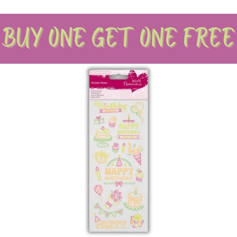 A pack of Fast Bundle Bright Glitter Stickers - Birthday (PMA 804306) is featured beneath a bold banner reading “2 FOR 1 OFFER,” making it perfect for scrapbooking and birthday card projects.