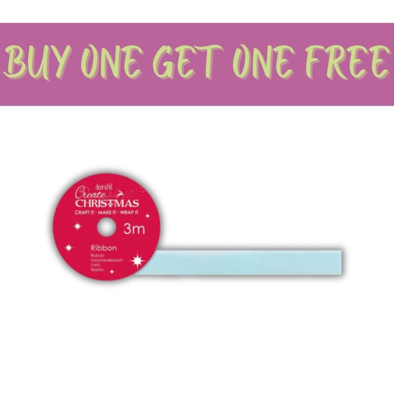 A spool of pale blue Create Christmas Velvet Ribbon (3m) from Fast Bundle sits neatly with its label, while a vibrant banner above announces the 2 FOR 1 OFFER—making it ideal for your next round of Christmas crafts.