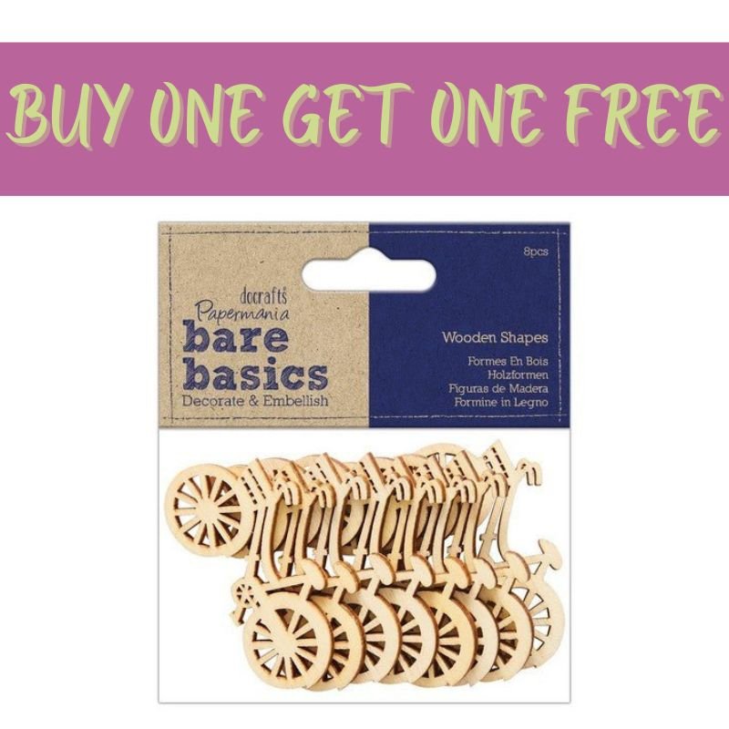Below is the 2 FOR 1 OFFER - Wooden Bicycles (8pcs) by Bare Basics (PMA 174749) from Fast Bundle, shown under a bold yellow BUY ONE GET ONE FREE banner on purple—ideal for craft projects.