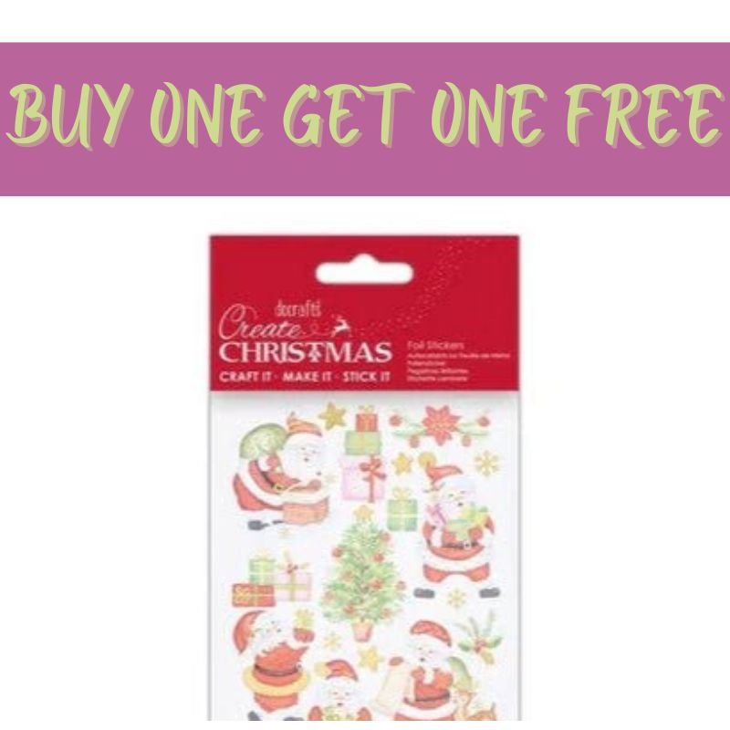 A 2 FOR 1 OFFER sign above Fast Bundle's Create Christmas Foil Stickers (Santa's Presents, PMA 828907), featuring festive designs like Santa, gifts, and a Christmas tree.