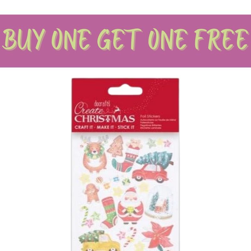Below a "BUY ONE GET ONE FREE" banner in green and pink on purple, Fast Bundle’s 2 FOR 1 OFFER - Foil Stickers - Create Christmas - Happy Icons (PMA 828913) brings festive cheer with bright, season-perfect stickers!.