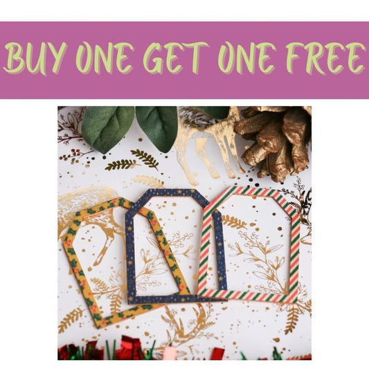 A “2 FOR 1 OFFER” banner above a photo of three Naughty or Nice Wooden Frames by Fast Bundle, set on a festive holiday background with pinecones, leaves, gold deer illustrations, and Christmas décor accents.