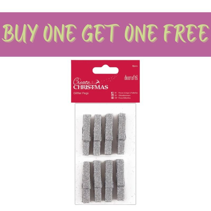 A pack of Fast Bundle's Silver Glitter Pegs (8pcs) is featured with a “2 FOR 1 OFFER” banner—ideal for hanging Christmas cards or holiday décor. Product code: PMA 174924.
