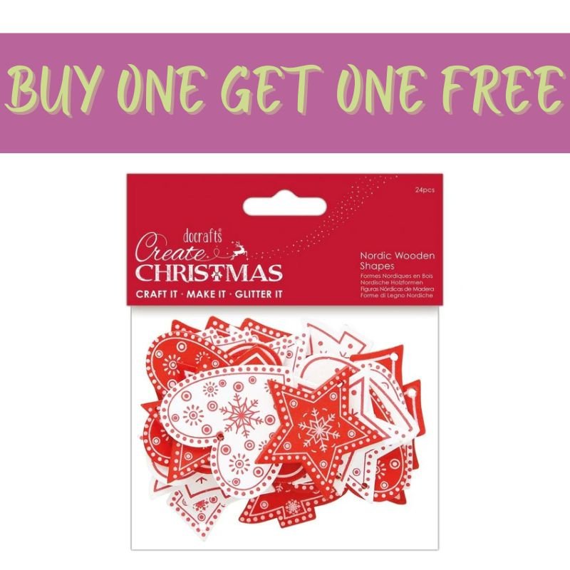 Displayed below is the Fast Bundle 2 FOR 1 OFFER - Nordic Wooden Shapes Red & White (24pcs, PMA 174956)—a charming set of heart and star ornaments ideal for Scandinavian holiday decor, with a bold "BUY ONE GET ONE FREE" banner above.