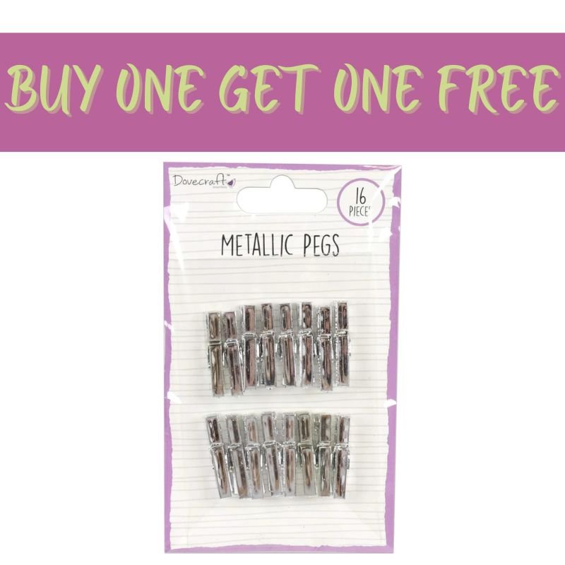 A 2 FOR 1 OFFER on Dovecraft Metallic Pegs - Silver (DCBS172) by Fast Bundle is featured, showing a 16-pack of metallic pegs under a bold pastel banner reading BUY ONE GET ONE FREE—ideal for crafts or scrapbooking.