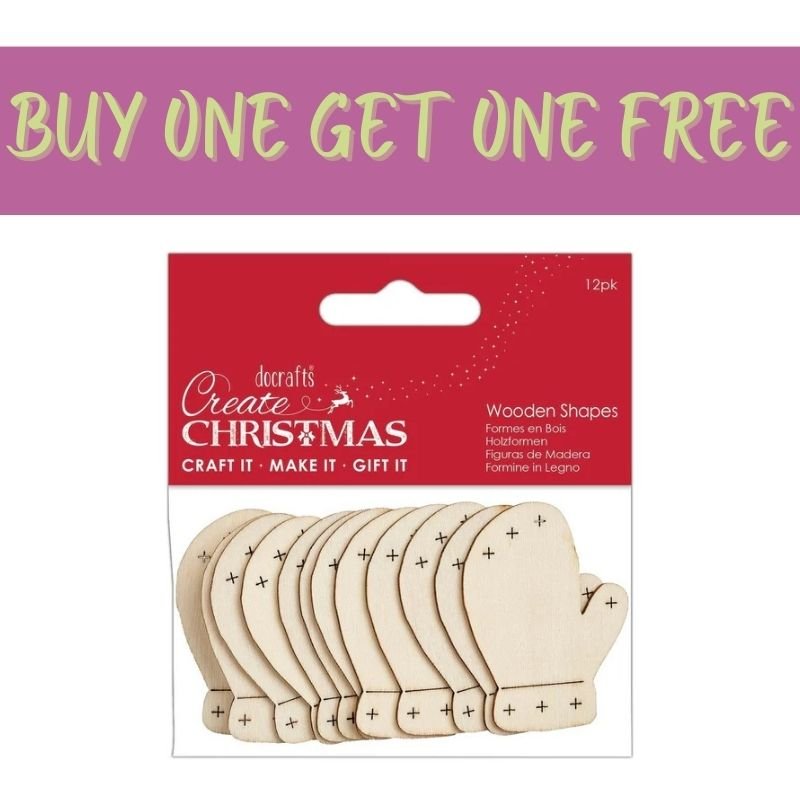 2 FOR 1 OFFER - Create Christmas Wooden Shapes (12pcs) - Mittens Natural (PMA 174586)