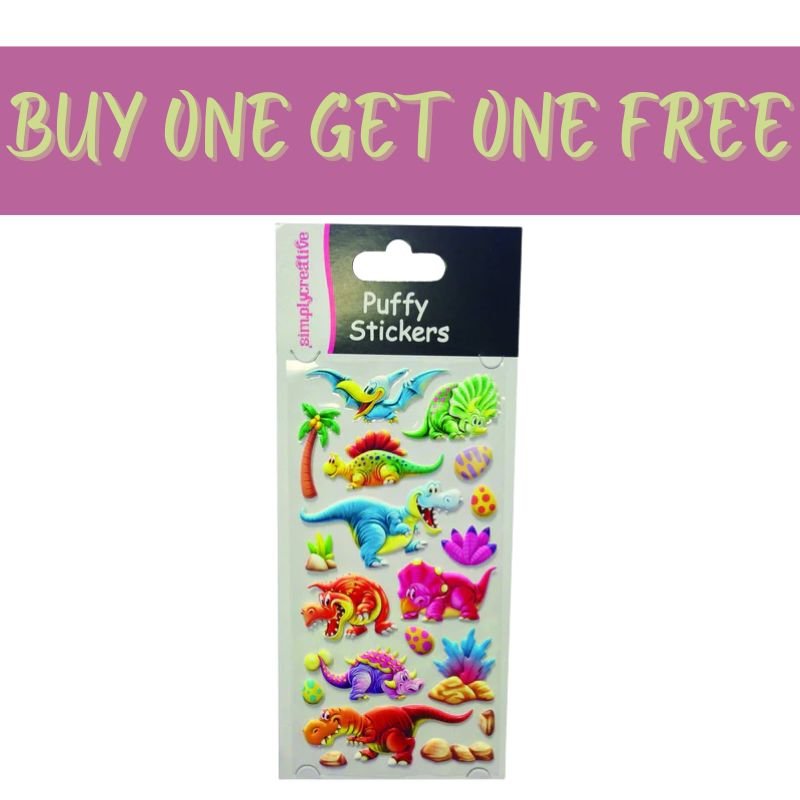 A pack of Fast Bundle's 2 FOR 1 OFFER - Simply Creative Puffy Stickers - Dinosaurs (SC079) sits below a bold "BUY ONE GET ONE FREE" banner—ideal for scrapbooking and creative projects.