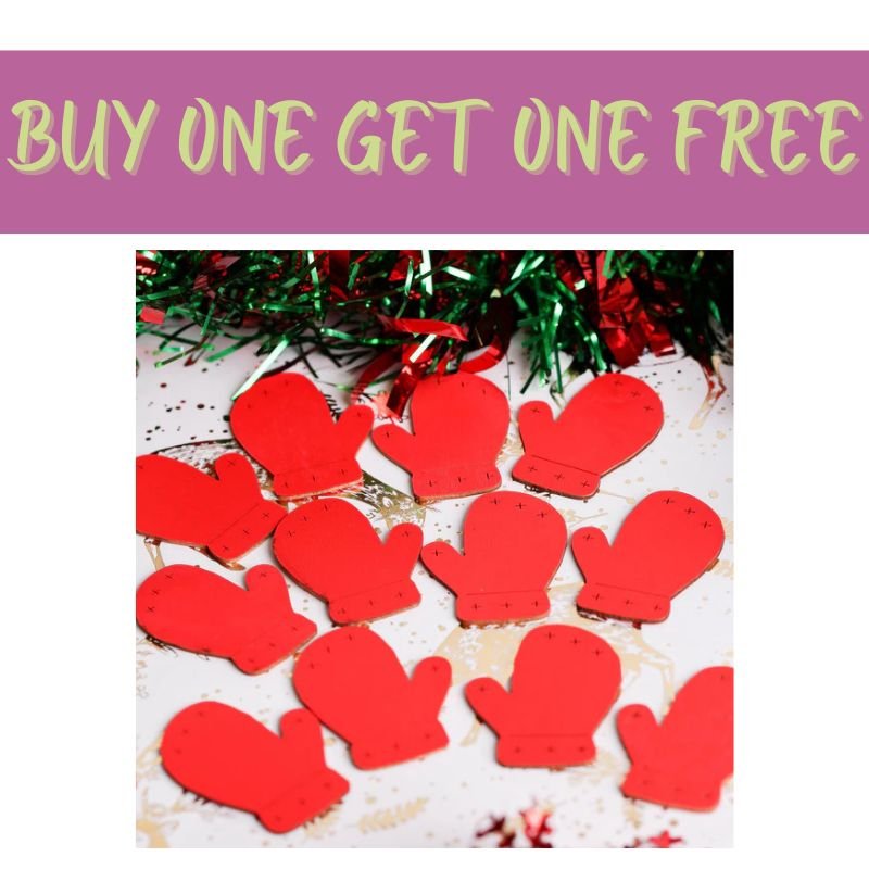 Festive Fast Bundle wooden mitten cutouts (12pcs) on display with tinsel. A playful banner announces "2 FOR 1 OFFER"—perfect for holiday crafting fun with Create Christmas Wooden Shapes (PMA 174587).