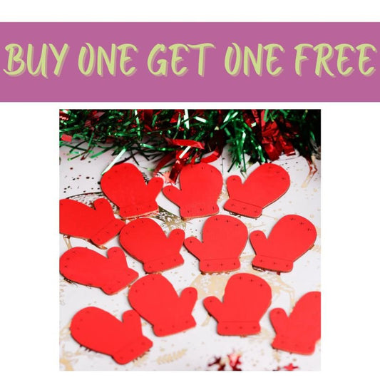 Festive Fast Bundle wooden mitten cutouts (12pcs) on display with tinsel. A playful banner announces "2 FOR 1 OFFER"—perfect for holiday crafting fun with Create Christmas Wooden Shapes (PMA 174587).