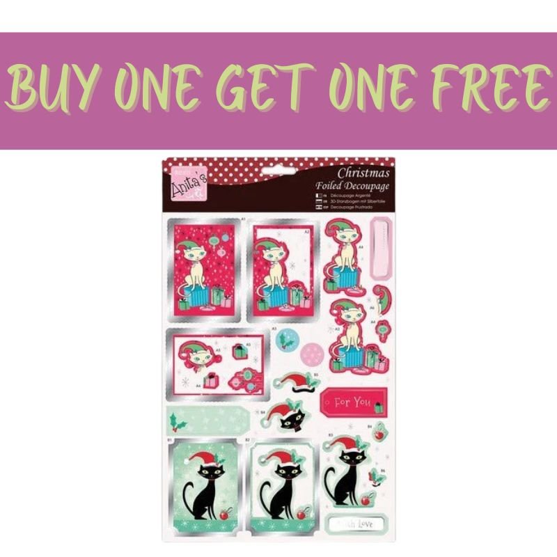 A festive “2 FOR 1 OFFER - Foiled Decoupage - Christmas Cats (ANT 169864)” from Fast Bundle features Christmas cats and presents, perfect for card making. Large green “BUY ONE GET ONE FREE” text on a pink background highlights the deal.
