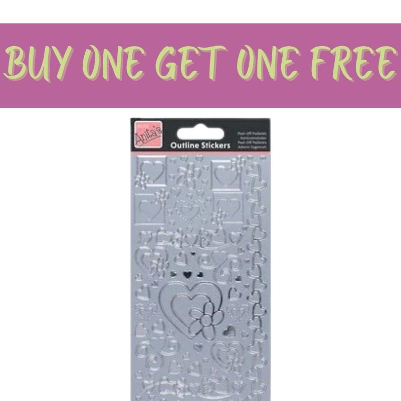 Fast Bundle’s 2 FOR 1 OFFER - Anita's Outline Stickers (Hearts - Silver, ANT 8101307) is perfect for decorating greeting cards—get two sheets of silver heart stickers for the price of one!.