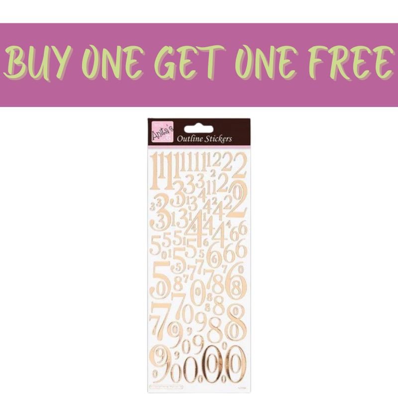 2 FOR 1 OFFER - Anita's Outline Stickers by Fast Bundle: Mixed Numbers in rose gold on white, with a "BUY ONE GET ONE FREE" purple banner—ideal for card-making or creative projects.