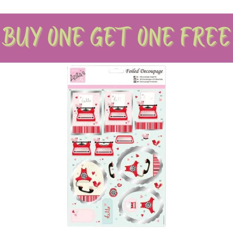 Fast Bundle's "2 FOR 1 OFFER - Foiled Decoupage - You’re My Type (ANT 169835)" sheet is ideal for crafts or cards, with red typewriters, hearts, “hello” text, and a pink BUY ONE GET ONE FREE banner in bold green letters.