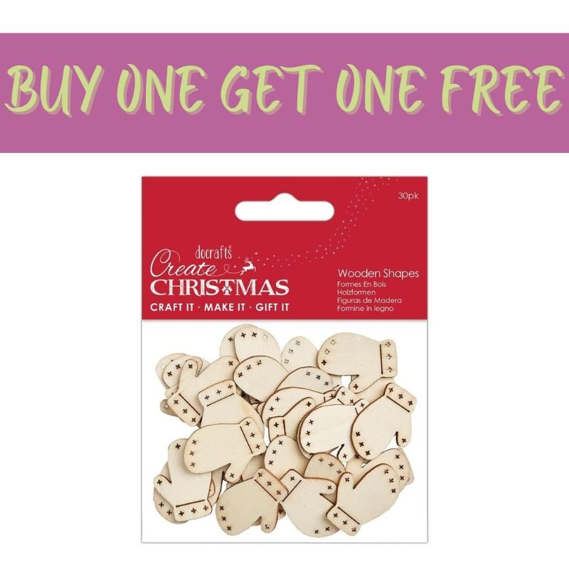 A 2 FOR 1 OFFER on Fast Bundle's Create Christmas Wooden Shapes (30pcs) – Mini Mittens Natural (PMA 174588) is shown below a bold, yellow-green "BUY ONE GET ONE FREE" banner on a purple background.