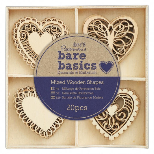 Wooden Shapes (20pcs) - Bare Basics - Filigree Hearts 